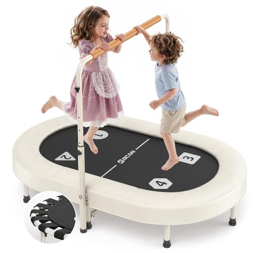 BCAN BT6 56IN 2-Person Kids Trampoline, Safe-Elastic Band Foldable Frame Trampoline for Kids 1-8, ASTM Certified-Toddler Trampoline Indoor with Adjustable Stable Handlebar, Load 220lbs