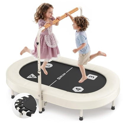 BCAN BT6 56IN 2-Person Kids Trampoline, Safe-Elastic Band Foldable Frame Trampoline for Kids 1-8, ASTM Certified-Toddler Trampoline Indoor with Adjustable Stable Handlebar, Load 220lbs