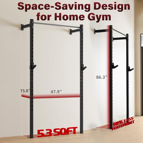 Wall Mounted Power Cage, 900lbs Squat Rack with Pull Up Bar for Home Gym, Space-Saving 2"x2" Pull-Up Station with Adjustable J-Hooks for Garage & Apartment