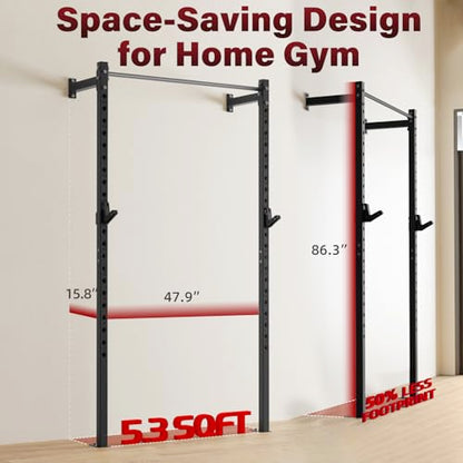 Wall Mounted Power Cage, 900lbs Squat Rack with Pull Up Bar for Home Gym, Space-Saving 2"x2" Pull-Up Station with Adjustable J-Hooks for Garage & Apartment