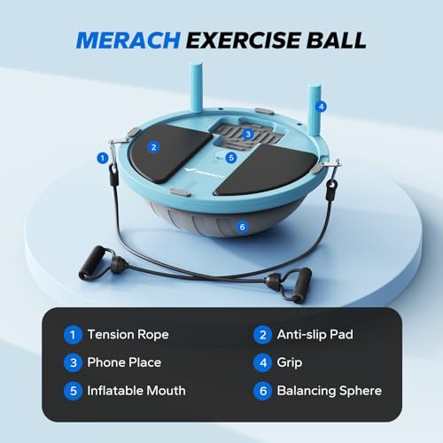 MERACH Balance Ball Trainer, 18 Inch Half Exercise Ball with Resistance Bands and Foot Pump, Half Yoga Ball for Core Strength Training, 450lb Capacity