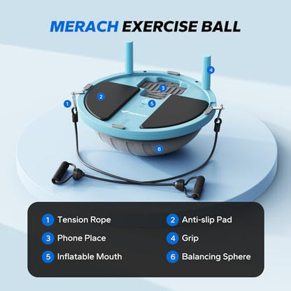 MERACH Balance Ball Trainer, 18 Inch Half Exercise Ball with Resistance Bands and Foot Pump, Half Yoga Ball for Core Strength Training, 450lb Capacity