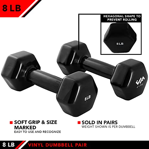 JFIT Dumbbell Pairs or Sets – Neoprene & Vinyl Coated Hand Weights for Home Gym, Strength Training, Aerobics, Cardio Exercise and Fitness - size: 8 lbs (Pair)