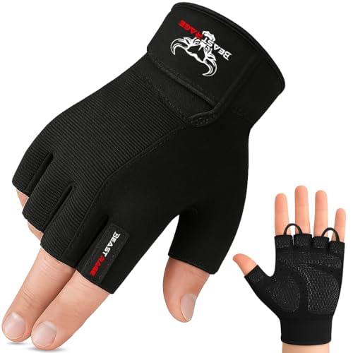 BEAST RAGE Workout Gloves for Men, Durable Palm Grip Gym Gloves Women Half Finger Elasticated Training Weight Lifting Strength Bodybuilding Anti Slip Cycling Gloves Exercise - color: Jet Black, size: Large