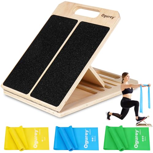 4 Pieces Slant Board with Exercise Bands, Premium Calf Stretch Board, Portable Adjustable Slant Board for Calf Stretching, 350LB Weight Capacity Calf Ankle Achilles Physical Therapy Leg Exercisers