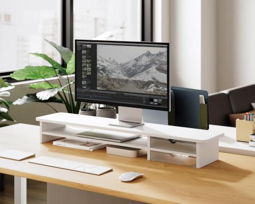 Fenge Monitor Stand, Desk Computer Riser with Frosted Storage Drawer, White - color: White