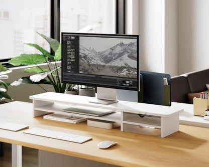 Fenge Monitor Stand, Desk Computer Riser with Frosted Storage Drawer, White - color: White