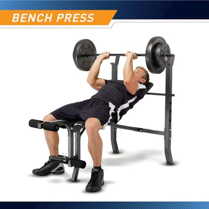 Marcy Standard Bench with 80lbs to 100 lbs Vinyl-Coated Weight Set for Strength Training Lifting for Home Gym - color: Black - 100 lbs