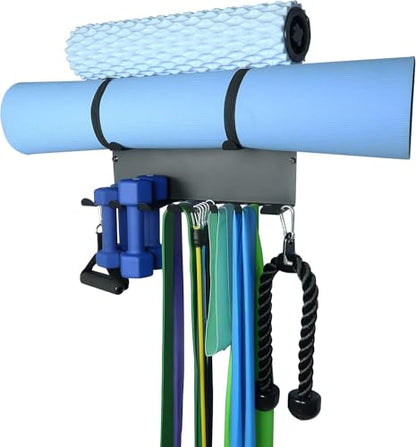 Heavy Duty Gym Wall Storage Rack - 2 Tier Organizer with 8 Prongs for Resistance Bands, Yoga Mats, Jump Ropes, Foam Rollers - 16.5 Inch Black Powder Coated Steel Home Garage Equipment Holder