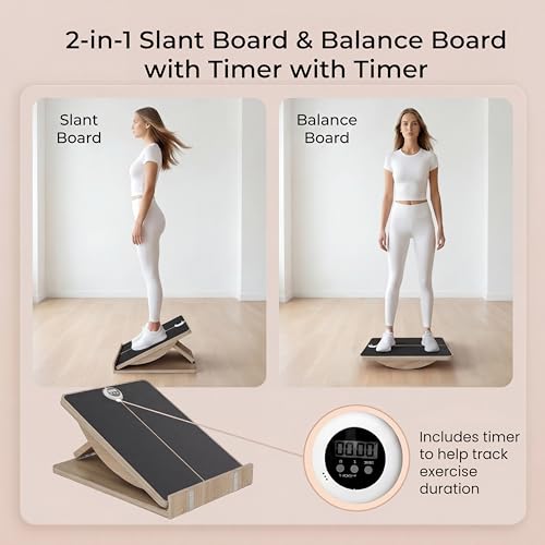Slant Board for Exercise, 2-in-1 Balance Board & Calf Stretcher with Timer,Adjustable Wooden Squat Wedge with Anti-Slip Surface,Incline Board for Stretching & Blance Training