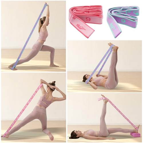 2 Pack 9-Loop Stretch Strap with Pose Guide Pattern, Elastic Yoga Band for Dance, Pilates, Gymnastics, Flexibility Exercise, Kids Workout Training, Youth Ballet Belt