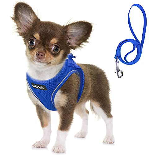 Fida Comfy Dog Harness with Leash, Soft Puppy Vest Escape Proof, Breathable Lightweight Soft Mesh, Adjustable Reflective Step-in Harness for Cat & Extra-Small Pet (XS, Blue) - color: Blue, size: XS (Neck:12.2"-13"; Girth:14.2"-16.1")