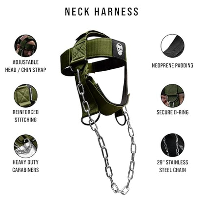 Gymreapers Neck Harness Weight Lifting - Neck Trainer Workout Equipment - Heavy Duty Stainless Steel Chain, Adjustable Neoprene Head Strap, Exercise Equipment for Strength & Pain Relief - color: OD Green