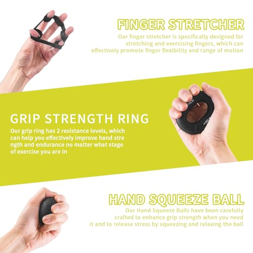7PCS Grip Strength Trainer Kit, 2 Adjustable Forearm Resistance Grips, Finger Stretchers, Grip Ring, Hand Squeeze Ball, Finger Exercises, User Manual, Suitable for Hand Training, Suitable for Everyone