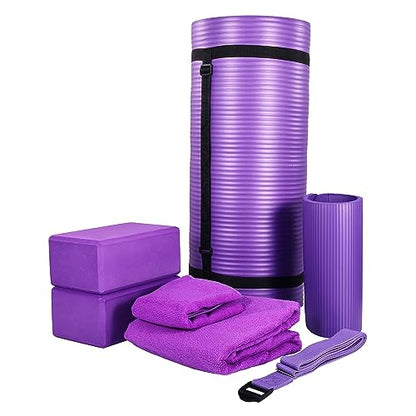 BalanceFrom 7-Piece Yoga Set with 71x24x1 Inches Extra Thick Mat and Carrying Sling – Includes 2 Blocks, Stretch Strap, 2 Towels, and Knee Pad for Home, Studio, and Gym Workouts