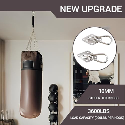 2Pack M10 Hammock Hanging Kit, Heavy Duty Stainless Steel Pad Eye Hooks with Snap Hook, for Porch Swing Punching Bag Ceiling Wall Mount, 1000Lbs Capacity Indoor Outdoor Hardware with Screws Anchors