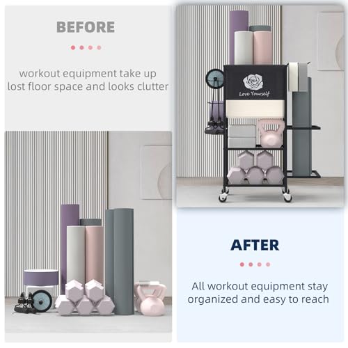 Multi-Functional Home Gym Storage Rack,All-in-One Weight Rack,Yoga Mat Foam Rollder Holder with Wheels and Side Holder - color: Black