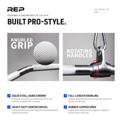 REP Fitness LAT Pulldown and Low Row Cable Machine Attachments and Functional Trainer Attachments – Curl Bar, D-Handle, Ankle Cuff, Tricep Rope, Sports Handle, Straight Bar, Row, Chinning Triangle - style: 48 Solid Lat Bar Pro Style