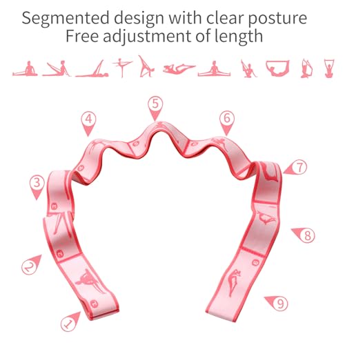 2 Pack 9-Loop Stretch Strap with Pose Guide Pattern, Elastic Yoga Band for Dance, Pilates, Gymnastics, Flexibility Exercise, Kids Workout Training, Youth Ballet Belt