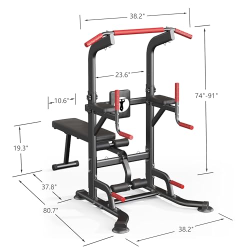 SogesPower Power Tower Pull Up Bar Station Multi-Function Adjustable Height Workout Dip Station Strength Training Equipment for Home Gym Fitness Equipment with Folding Multi-purpose Dumbbell Bench 330LBS