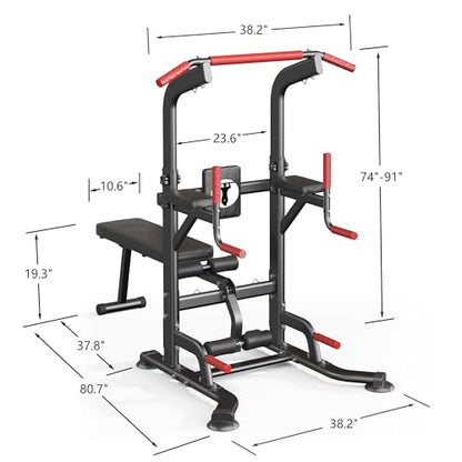 SogesPower Power Tower Pull Up Bar Station Multi-Function Adjustable Height Workout Dip Station Strength Training Equipment for Home Gym Fitness Equipment with Folding Multi-purpose Dumbbell Bench 330LBS