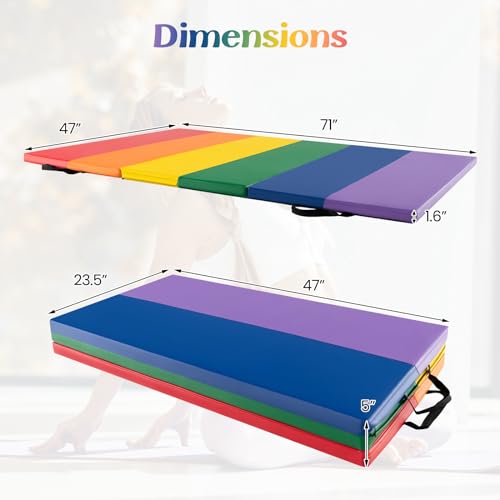 Goplus Gymnastics Mat, 6'x4' 3-Panel/6.6'x2.5' 5-Panel Folding Tumbling Mat w/Carrying Handles, Hook&Loop Fastener, Portable PU Leather Rainbow Exercise Mat for Home Gym Aerobics Yoga - color: 3-Panel,6 Color - Rainbow