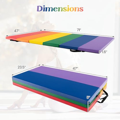 Goplus Gymnastics Mat, 6'x4' 3-Panel/6.6'x2.5' 5-Panel Folding Tumbling Mat w/Carrying Handles, Hook&Loop Fastener, Portable PU Leather Rainbow Exercise Mat for Home Gym Aerobics Yoga - color: 3-Panel,6 Color - Rainbow