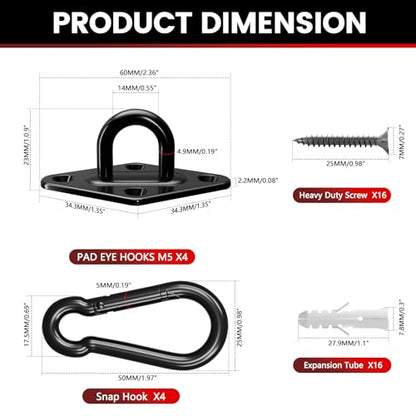 sprookber 304 Stainless Steel Pad Eye Snap Hook, M5 Ceiling Hook 500Lb,8Pcs - size: 2 Inch, style: Black Rhombus