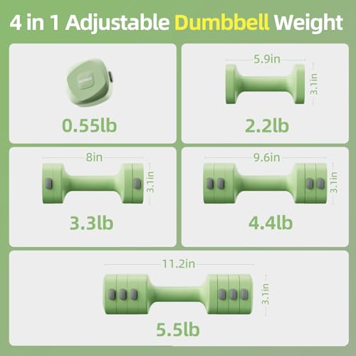 Lightweight Adjustable Dumbbell Kettlebell Set - 4 in 1 Free Weight Set with Kettlebell Grip Converter, Each 2.2 3.3 4.4 5.5lb Quick Change Weight Women Dumbbell Set for Small Spaces Home Gym - color: Adjustable Kettlebell Green