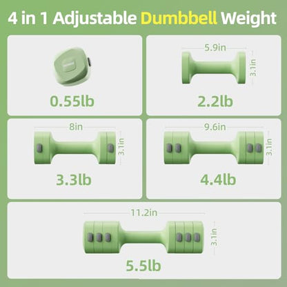 Lightweight Adjustable Dumbbell Kettlebell Set - 4 in 1 Free Weight Set with Kettlebell Grip Converter, Each 2.2 3.3 4.4 5.5lb Quick Change Weight Women Dumbbell Set for Small Spaces Home Gym