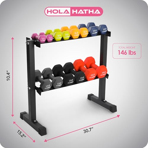146 Pound Neoprene Coated Non Slip Dumbbells with Rack for Strength Training, Includes 3, 5, 8, 10, 12, 15, & 20 Pound Sets, Multicolor
