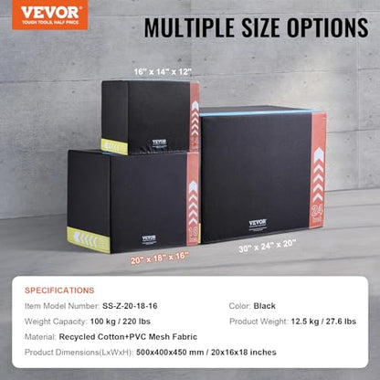 VEVOR 3 in 1 Plyometric Jump Box, Cotton Plyo Box, Platform & Jumping Agility Box, Anti-Slip Fitness Exercise Step Up Box for Home Gym Training, Conditioning Strength Training, Multiple Sizes, Black - size: 20"x18"x16"