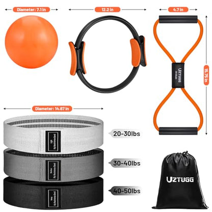 Pilates Equipment Kit at Home for Women, 4-in-1 Workout Essential Set with Pilates Ring, Fabric Resistance Bands, Figure 8 Resistance Band, Pilates Ball–Full Body Toning, Yoga & Stretching