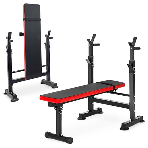 BalanceFrom Adjustable Folding Multifunctional Workout Station Adjustable Olympic Workout Bench with Squat Rack - color: Black/Red