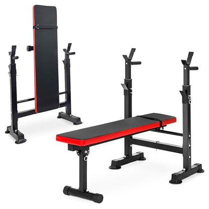 BalanceFrom Adjustable Folding Multifunctional Workout Station Adjustable Olympic Workout Bench with Squat Rack - color: Black/Red