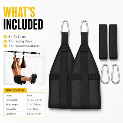 Ab Straps for Pull Up Bar, Padded Arm Slings for Core Training | Heavy-Duty Construction, Oversized Carabiners, Padded Arm Support, Leg Raises Knee Raises, Home Gym Training