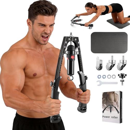 Chest & Arm Twister & Core Trainer, 3 in 1 Hydraulic Power Chest Workout Equipment with Ab Roller Wheels and Hooks, 22-440lbs for Strength Trainer, Home Gym Equipment for Full Body Strength Training