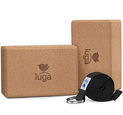 IUGA Yoga Blocks 2 Pack With Strap Non Slip High Density 9"x6"x3" Solid & Cork Yoga Block With Yoga Strap to Improve Strength Balance for Yoga Pilates Meditation