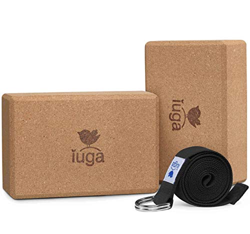 IUGA Yoga Blocks 2 Pack With Strap Non Slip High Density 9"x6"x3" Solid & Cork Yoga Block With Yoga Strap to Improve Strength Balance for Yoga Pilates Meditation