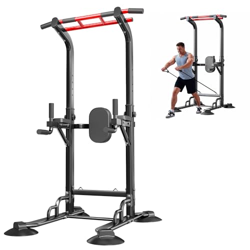 SogesPower Pull Up Bar Station Power Tower,12-Level Adjustable Multi-Function Pull Up Dip Station for Home Gym, Pull Up Bar Stand Dip Bar Strength Training Fitness Equipment - color: Black with Resistance Bands