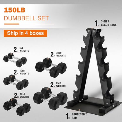 Fitvids Rubber Coated Hex Dumbbell Set with Storage Rack, 100/150/200/550 LB Hand Weight Set with Anti-Slip Grip for Home Gym - size: Dumbbell + A-Rack: 150LBS Set