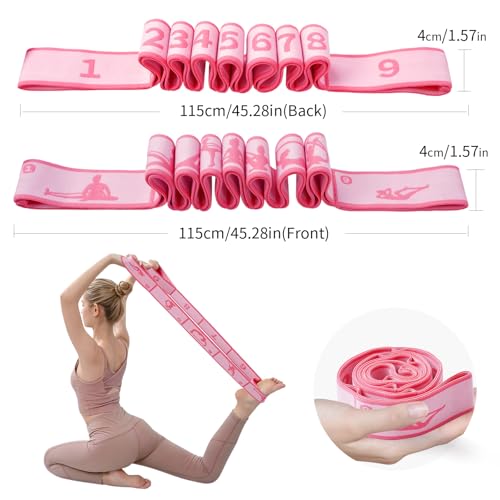 2 Pack 9-Loop Stretch Strap with Pose Guide Pattern, Elastic Yoga Band for Dance, Pilates, Gymnastics, Flexibility Exercise, Kids Workout Training, Youth Ballet Belt