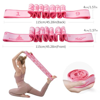 2 Pack 9-Loop Stretch Strap with Pose Guide Pattern, Elastic Yoga Band for Dance, Pilates, Gymnastics, Flexibility Exercise, Kids Workout Training, Youth Ballet Belt