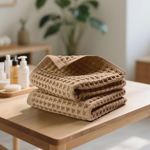 Jacquotha Waffle Bathroom Hand Towels 2-Piece (Tan) – Cotton, Soft, Lightweight, Lint Free, 13” x 29” - color: Tan