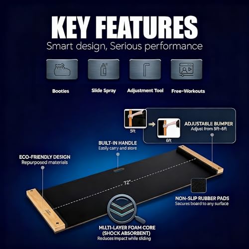 Adjustable Slide Board (5ft or 6ft) – Premium Lateral Training Board for Hockey, Speed, Agility & Home Fitness | Includes Booties & Glide Spray