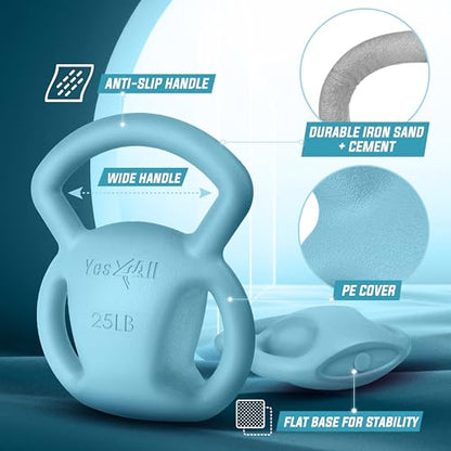 Yes4All Kettlebell, Strength Training Kettlebells for Women, Wide Multi-grip Textured Handle for Home Gym Exercises & Full Body Workout, Single 5–25 lb & Set of 10-15 lb - color: E. 25LB - Blue, style: A. Single
