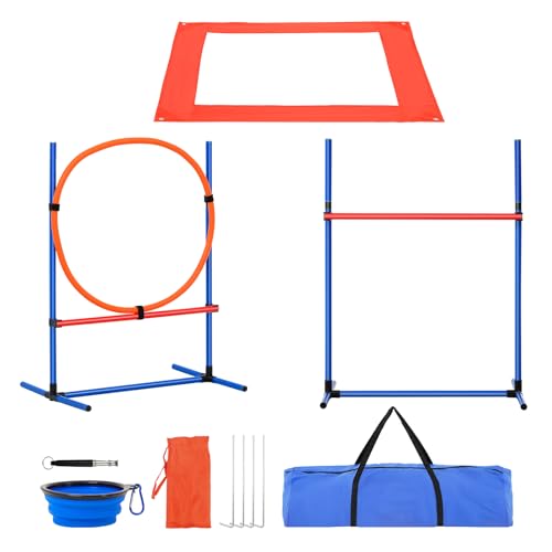 Happybuy Dog Agility Training Equipment, 4 PCS Set with Adjustable High Hurdles,6 Weave Poles,Jump Ring,Square Pause Box,Whistle,Foldable Bowl, Puppy Obstacle Course Kit for Backyard, Indoor, Outdoor