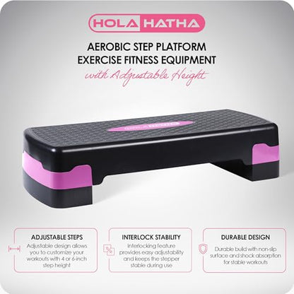 HolaHatha Compact Portable Aerobic Step Platform Exercise Fitness Equipment, Cardio Stepper with Adjustable Height for Home Gym - color: Black/Pink