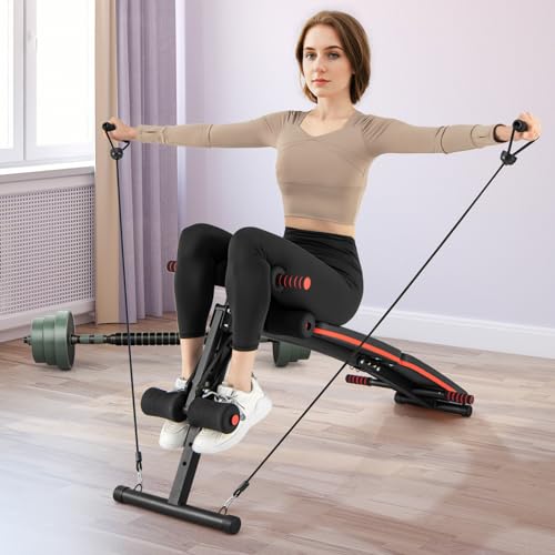 Goplus 7 in 1 Sit up Bench, Foldable Decline Incline Bench w/4 Position Adjustable Height & 2 Elastic Ropes for Strength Training, Curved AB Slant Board Workout Equipment for Home Gym Fitness, 330 LBS