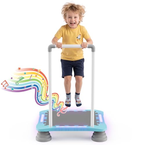 25" Toddler Trampoline with LED Lights & Music, Indoor Mini Kids Trampoline with Handlebar, Non-Slip Sensory Balance Training Bounce Board for Boy Girl Ages 3+, Safety Pad & 220 LBS Max Load